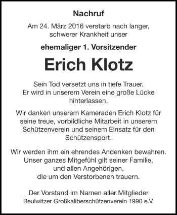 Traueranzeige von Erich Klotz von Ostthüringer Zeitung