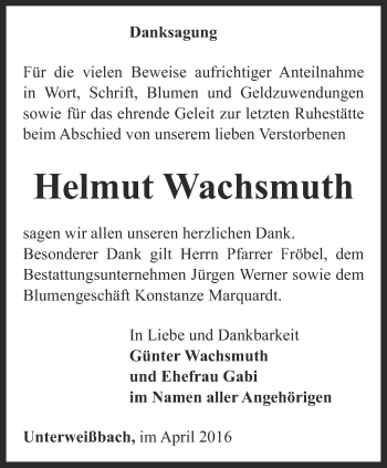 Traueranzeige von Helmut Wachsmuth von Ostthüringer Zeitung