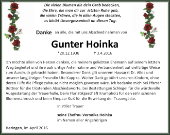 Traueranzeige von Gunter Hoinka von Thüringer Allgemeine
