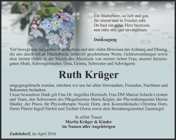 Traueranzeige von Ruth Krüger von Ostthüringer Zeitung