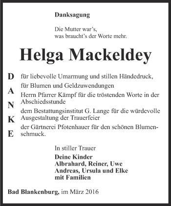 Traueranzeige von Helga Mackeldey von Ostthüringer Zeitung