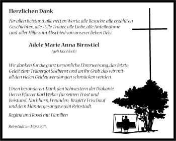 Traueranzeige von Adele Marie Anna Birnstiel von Ostthüringer Zeitung, Thüringische Landeszeitung
