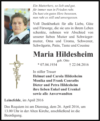 Traueranzeige von Maria Hildesheim von Thüringer Allgemeine