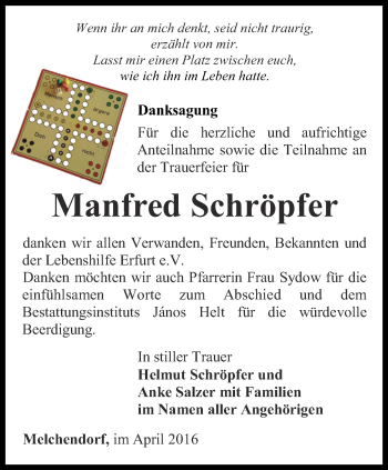 Traueranzeige von Manfred Schröpfer von Thüringer Allgemeine, Thüringische Landeszeitung