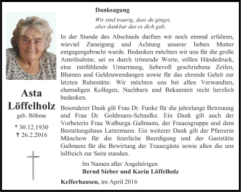 Traueranzeige von Asta Löffelholz von Thüringer Allgemeine