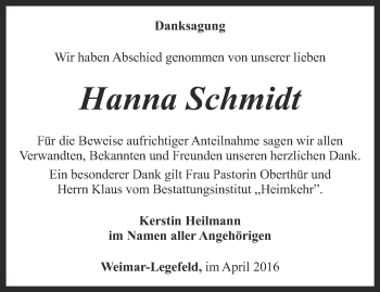 Traueranzeige von Hanna Schmidt von Thüringer Allgemeine, Thüringische Landeszeitung