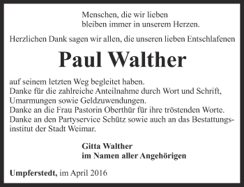 Traueranzeige von Paul Walther von Thüringer Allgemeine, Thüringische Landeszeitung