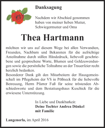 Traueranzeige von Thea Hartmann von Ostthüringer Zeitung