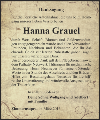 Traueranzeige von Hanna Grauel von Thüringer Allgemeine, Thüringische Landeszeitung