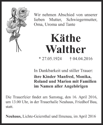 Traueranzeige von Käthe Walther von Ostthüringer Zeitung