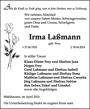 Traueranzeige von Irma Laßmann von Thüringer Allgemeine, Thüringische Landeszeitung