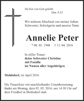 Traueranzeige von Annelie Peter von Ostthüringer Zeitung