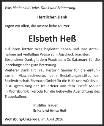 Traueranzeige von Elsbeth Heß von Thüringer Allgemeine, Thüringische Landeszeitung