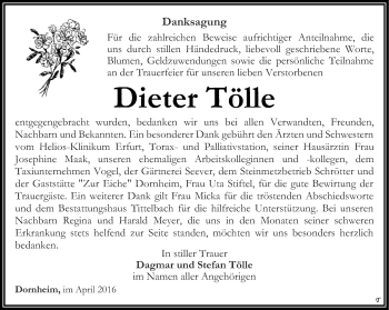 Traueranzeige von Dieter Tölle von Thüringer Allgemeine