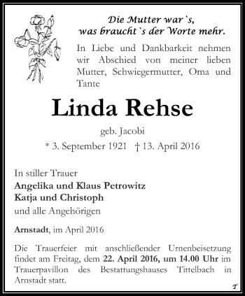 Traueranzeige von Linda Rehse von Thüringer Allgemeine