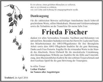 Traueranzeige von Frieda Fischer von Thüringer Allgemeine