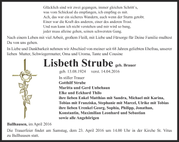 Traueranzeige von Lisbeth Strube von Thüringer Allgemeine, Thüringische Landeszeitung