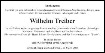 Traueranzeige von Wilhelm Treiber von Ostthüringer Zeitung