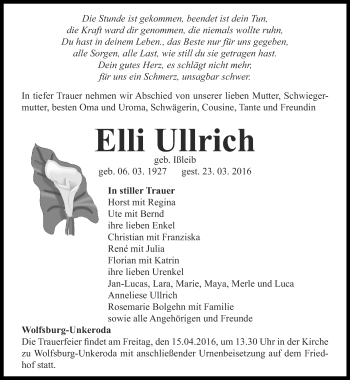 Traueranzeige von Elli Ullrich von Thüringer Allgemeine, Thüringische Landeszeitung