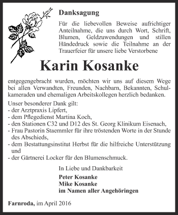 Traueranzeige von Karin Kosanke von Thüringer Allgemeine, Thüringische Landeszeitung