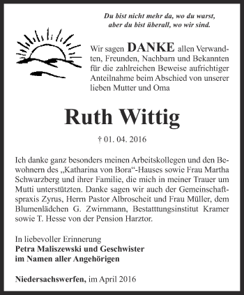 Traueranzeige von Ruth Wittig von Thüringer Allgemeine