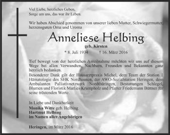 Traueranzeige von Anneliese Helbing von Thüringer Allgemeine