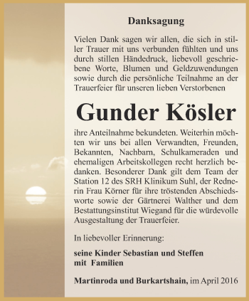 Traueranzeige von Gunder Kösler von Thüringer Allgemeine