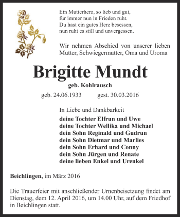 Traueranzeige von Brigitte Mundt von Thüringer Allgemeine