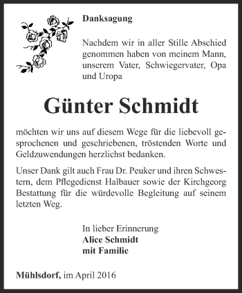 Traueranzeige von Günter Schmidt von Ostthüringer Zeitung