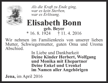 Traueranzeige von Elisabeth Bonn von Ostthüringer Zeitung, Thüringische Landeszeitung