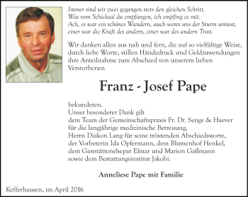 Traueranzeige von Franz-Josef Pape von Thüringer Allgemeine