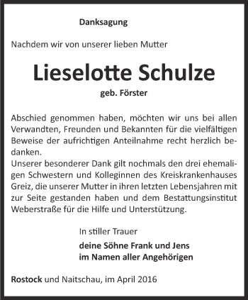 Traueranzeige von Lieselotte Schulze von Ostthüringer Zeitung