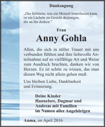 Traueranzeige von Anny Gohla von Ostthüringer Zeitung