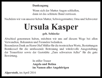 Traueranzeige von Ursula Kasper von Thüringer Allgemeine, Thüringische Landeszeitung