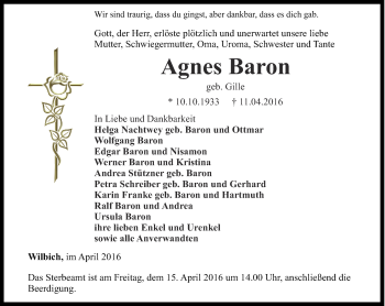 Traueranzeige von Agnes Baron von Thüringer Allgemeine