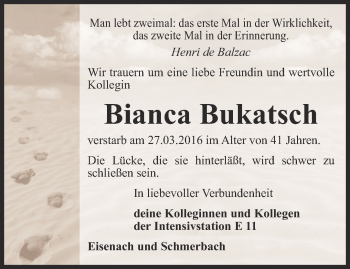 Traueranzeige von Bianca Bukatsch von Thüringer Allgemeine, Thüringische Landeszeitung