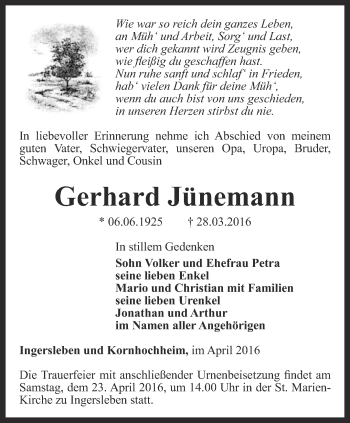 Traueranzeige von Gerhard Jünemann von Thüringer Allgemeine, Thüringische Landeszeitung