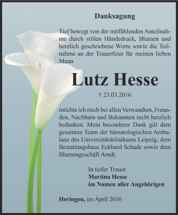 Traueranzeige von Lutz Hesse von Thüringer Allgemeine