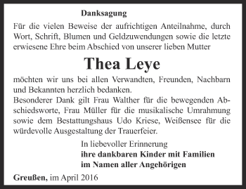 Traueranzeige von Thea Leye von Thüringer Allgemeine