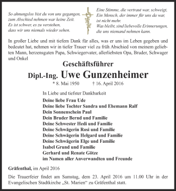 Traueranzeige von Uwe Gunzenheimer von Ostthüringer Zeitung