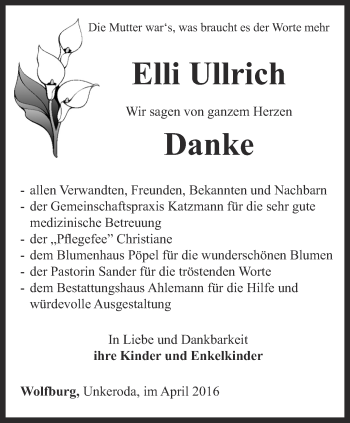 Traueranzeige von Elli Ullrich von Thüringer Allgemeine, Thüringische Landeszeitung