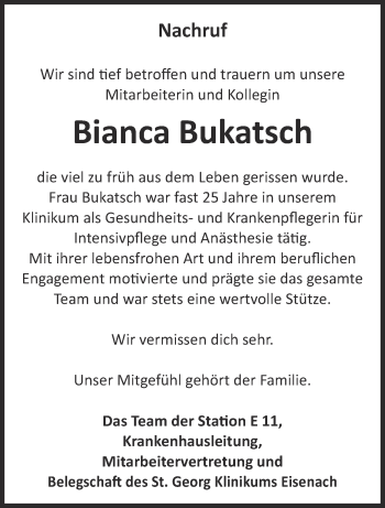 Traueranzeige von Bianca Bukatsch von Thüringer Allgemeine, Thüringische Landeszeitung