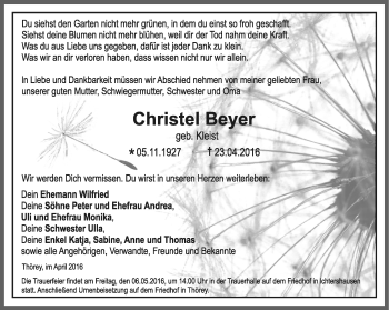 Traueranzeige von Christel Beyer von Thüringer Allgemeine