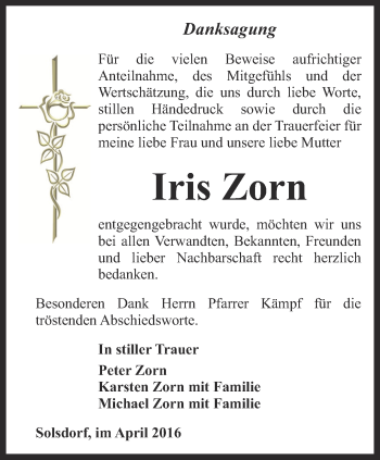 Traueranzeige von Iris Zorn von Ostthüringer Zeitung