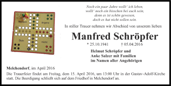 Traueranzeige von Manfred Schröpfer von Thüringer Allgemeine, Thüringische Landeszeitung