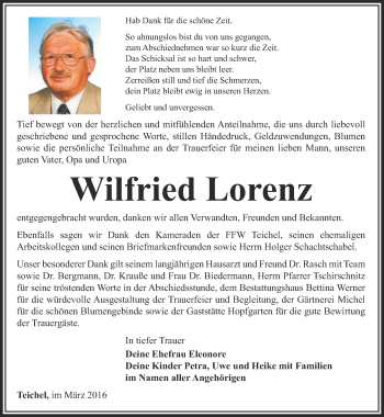 Traueranzeige von Wilfried Lorenz von Ostthüringer Zeitung
