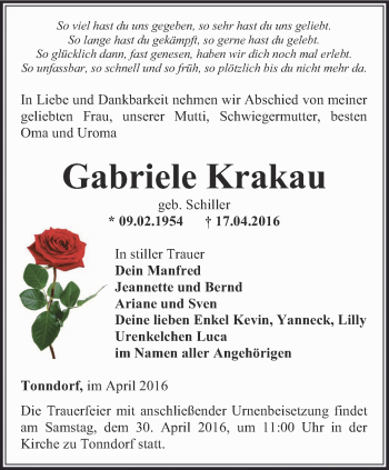 Traueranzeige von Gabriele Krakau von Thüringer Allgemeine, Thüringische Landeszeitung