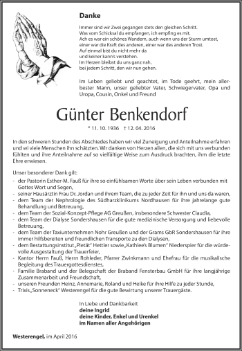 Traueranzeige von Günter Benkendorf von Thüringer Allgemeine