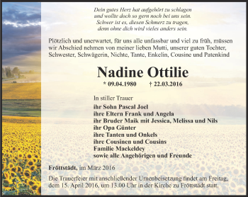 Traueranzeige von Nadine Ottilie von Ostthüringer Zeitung, Thüringische Landeszeitung