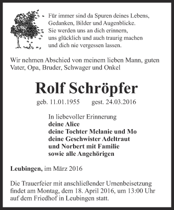 Traueranzeige von Rolf Schröpfer von Thüringer Allgemeine